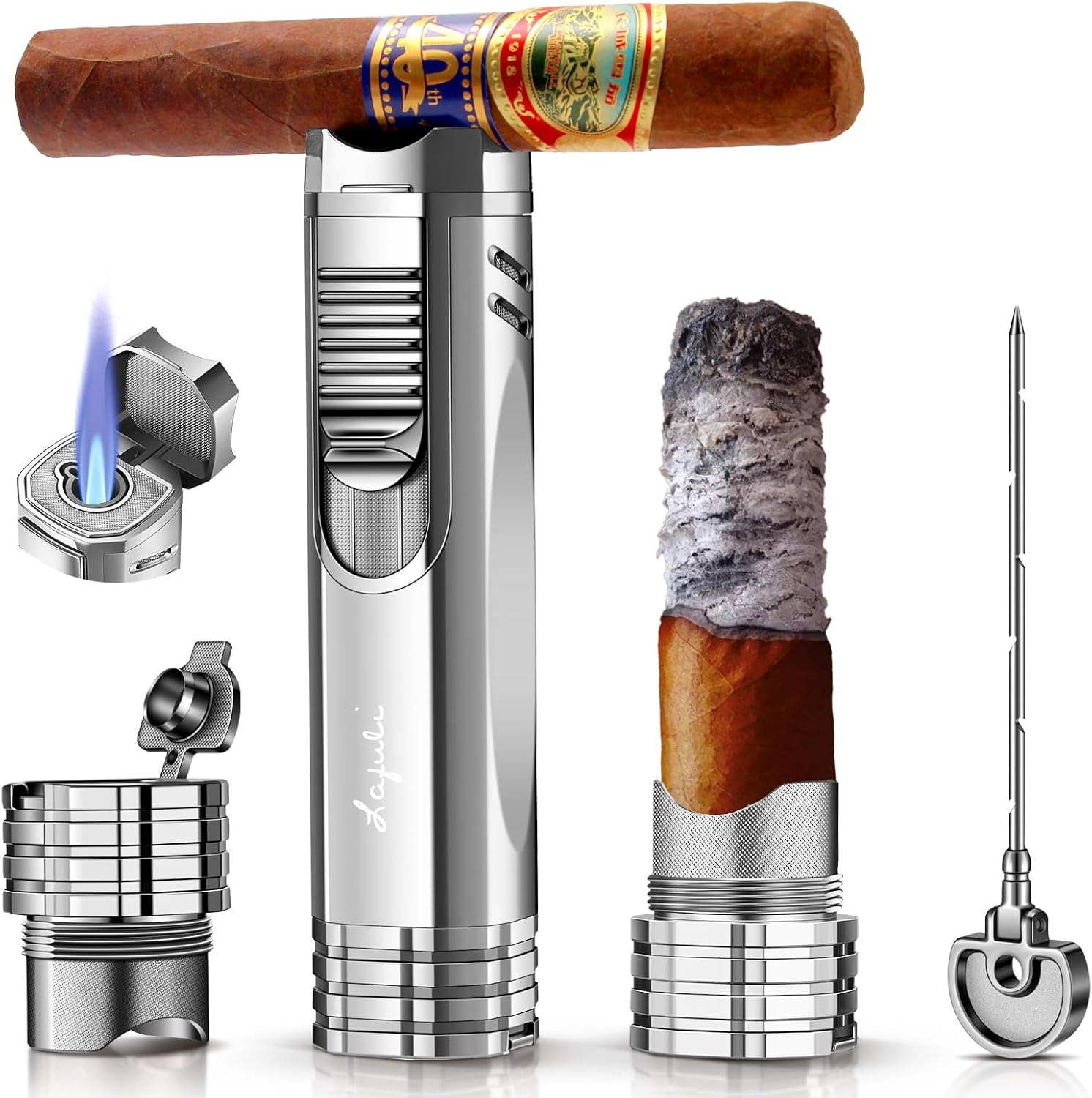 Cigar Lighter, Cigar Punch, Cigar Draw Enhancer, Cigar Holder,All-in-one Refillable Butane Torch Lighter. Cigar Accessories(Gas Not Included)