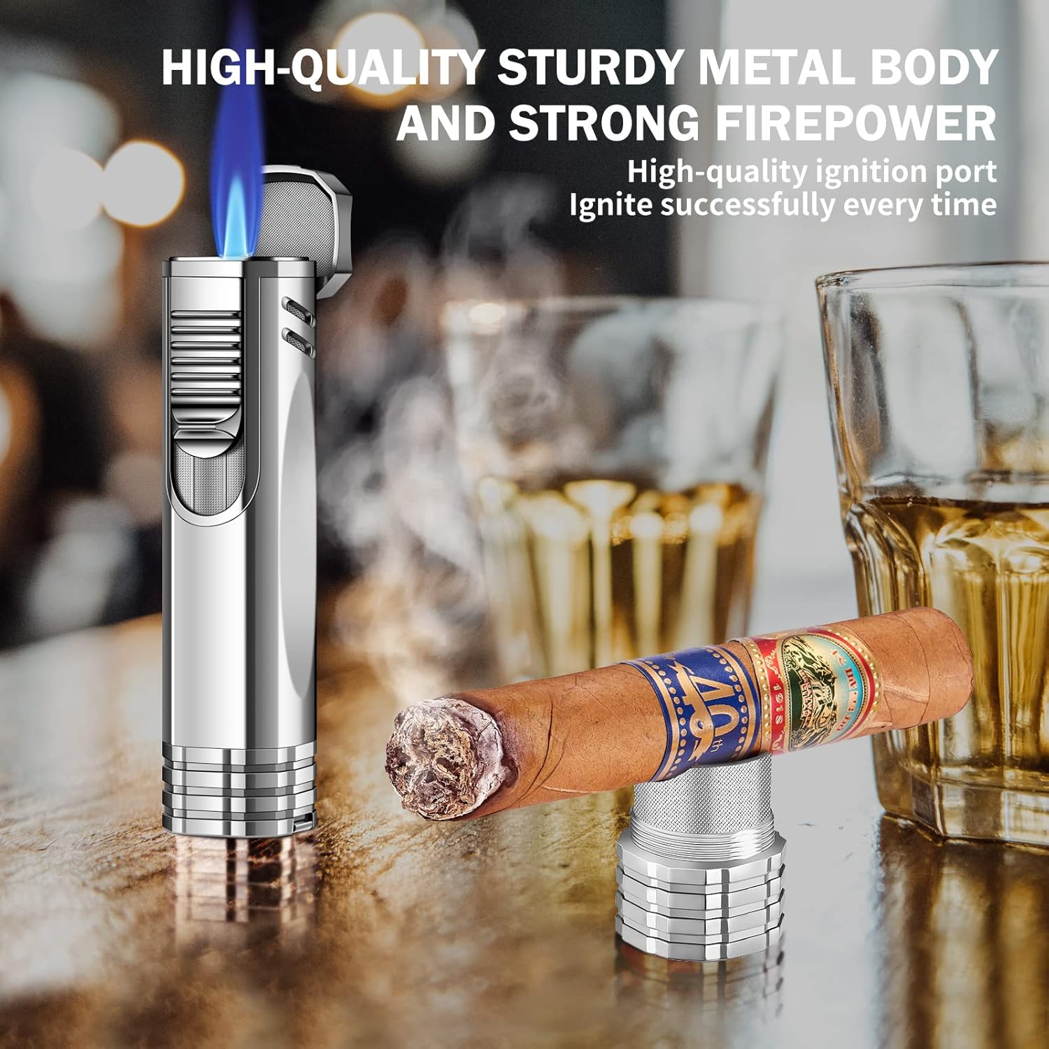 Cigar Lighter, Cigar Punch, Cigar Draw Enhancer, Cigar Holder,All-in-one Refillable Butane Torch Lighter. Cigar Accessories(Gas Not Included)