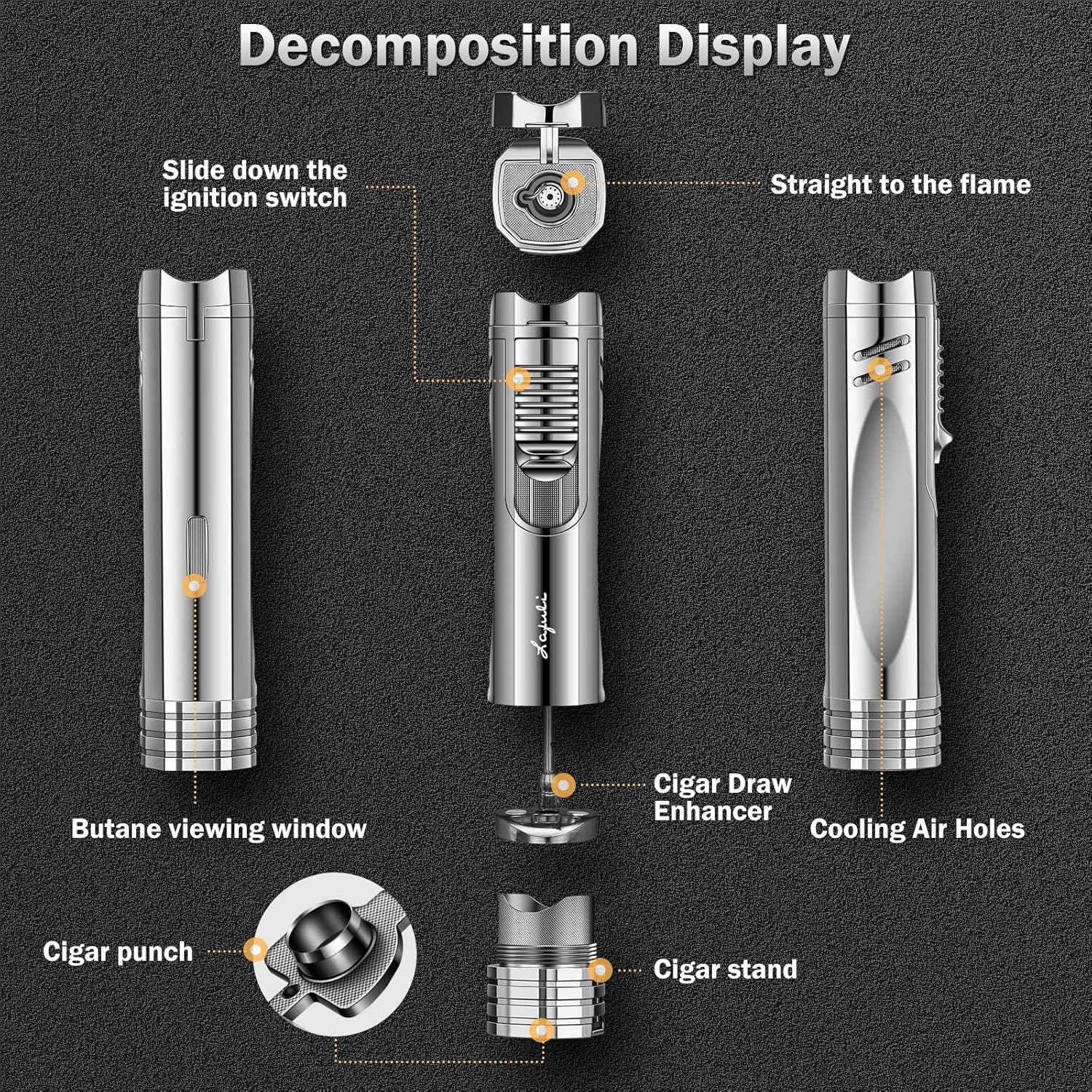 Cigar Lighter, Cigar Punch, Cigar Draw Enhancer, Cigar Holder,All-in-one Refillable Butane Torch Lighter. Cigar Accessories(Gas Not Included)