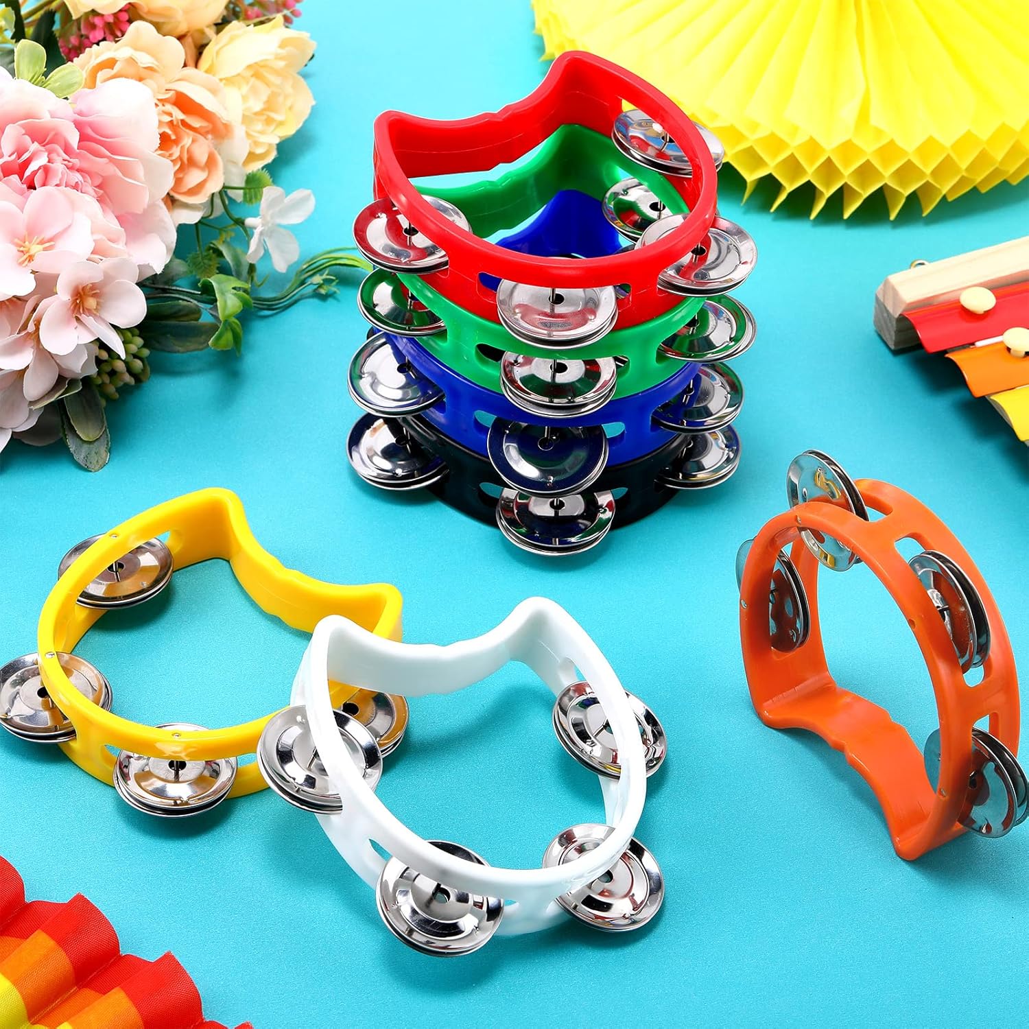 Boao 21 Pcs Tambourine Musical Instrument for Adults Plastic Percussion Tambourine 4 Bells ABS Musical Rhythm Instrument Hand Held Percussion Drum for Party Performance(Mixed Color)