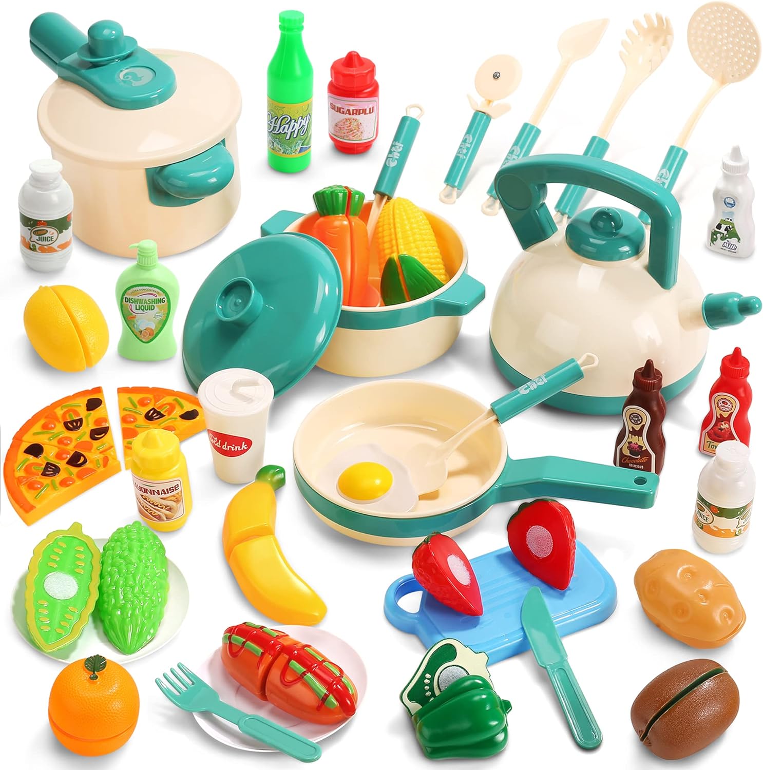 CUTE STONE 40PCS Kids Play Kitchen Accessories, Play Cooking Toys with Pots and Pans, Cutting Play Food Set and Cookware Utensils Kids Kitchen Playset for Boys Girls