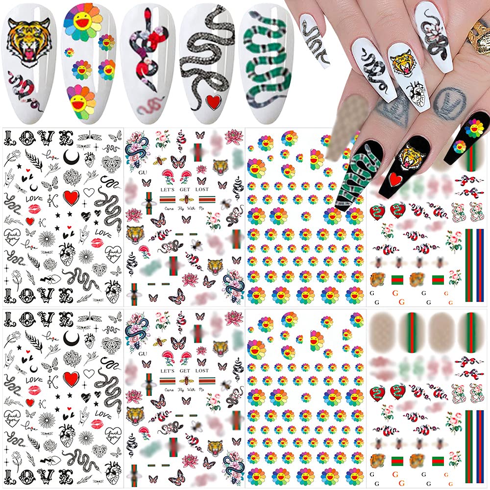 Nail Art Stickers Decals 3D Nail Art Supplies Sunflower Snake Heart Tiger Butterfly Nail Decals for Nail Art Design Self Adhesive Luxury Designer Nail Stickers for Nails Art Decoration (8 Sheets)