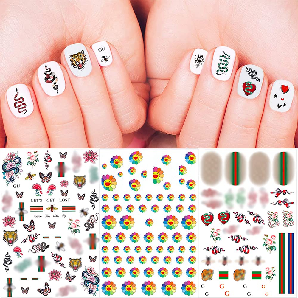 Nail Art Stickers Decals 3D Nail Art Supplies Sunflower Snake Heart Tiger Butterfly Nail Decals for Nail Art Design Self Adhesive Luxury Designer Nail Stickers for Nails Art Decoration (8 Sheets)