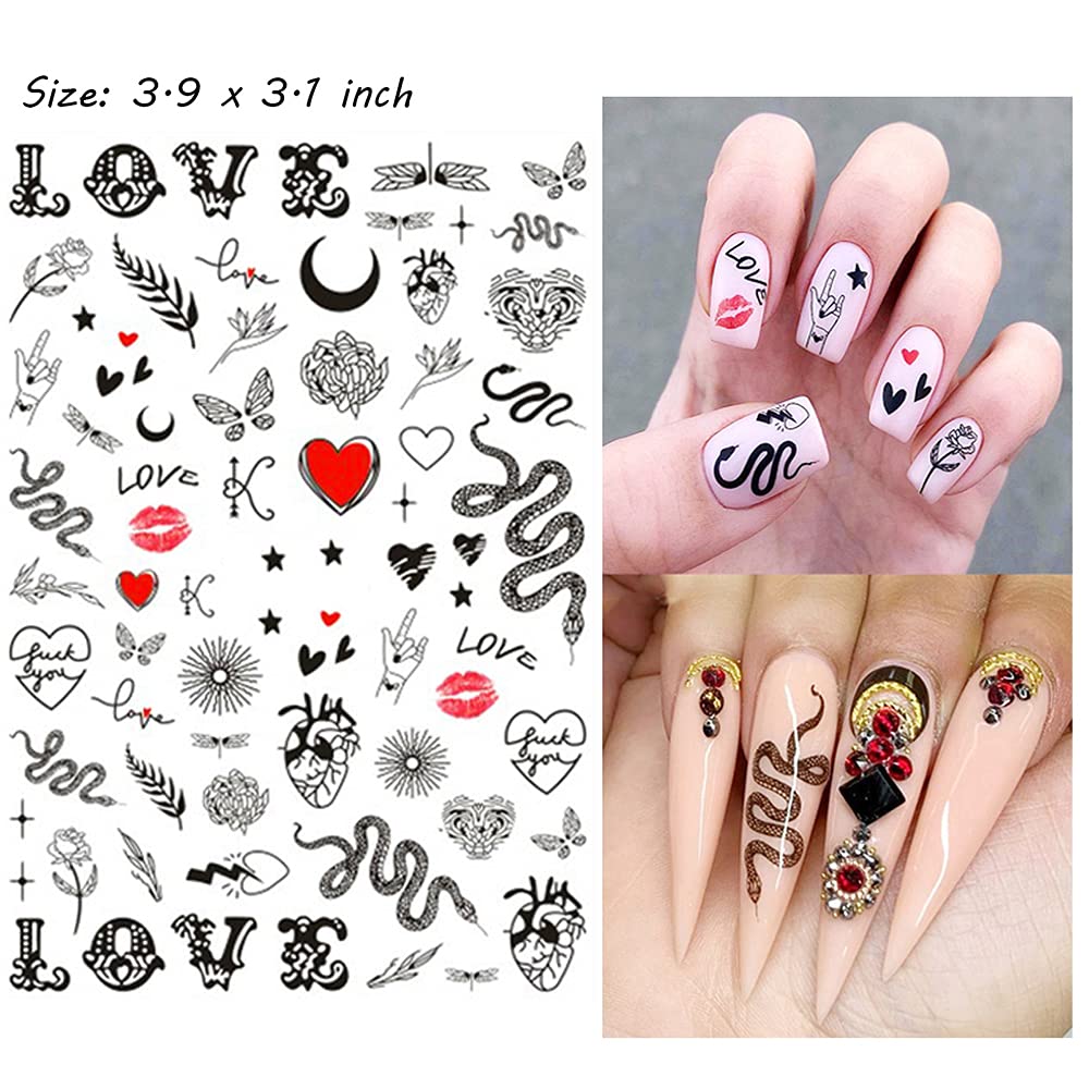 Nail Art Stickers Decals 3D Nail Art Supplies Sunflower Snake Heart Tiger Butterfly Nail Decals for Nail Art Design Self Adhesive Luxury Designer Nail Stickers for Nails Art Decoration (8 Sheets)