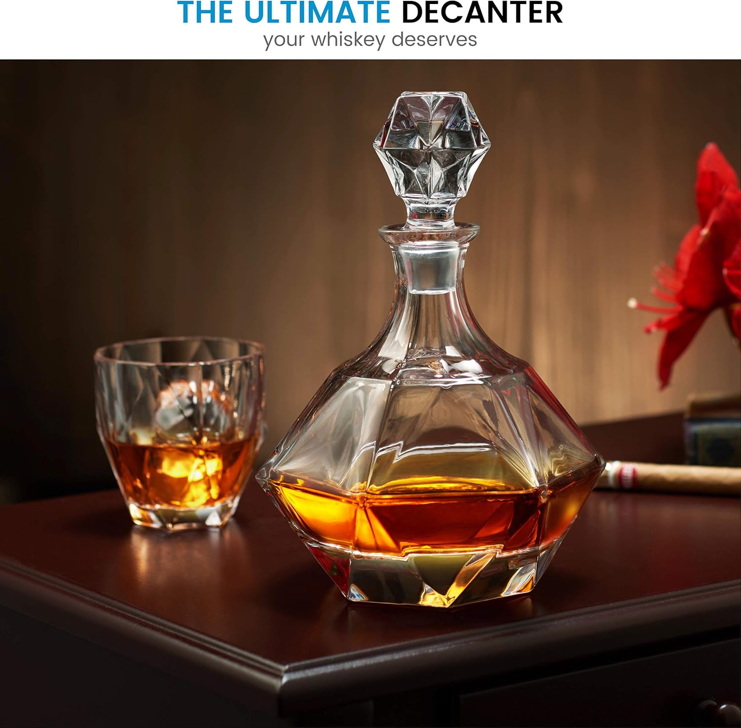 FineDine European Style Glass Whiskey Decanter & Liquor Decanter with Glass Stopper, 30 Oz.- With Magnetic Gift Box - Aristocratic Exquisite Diamond Design - Glass Decanter for Alcohol Bourbon Scotch.