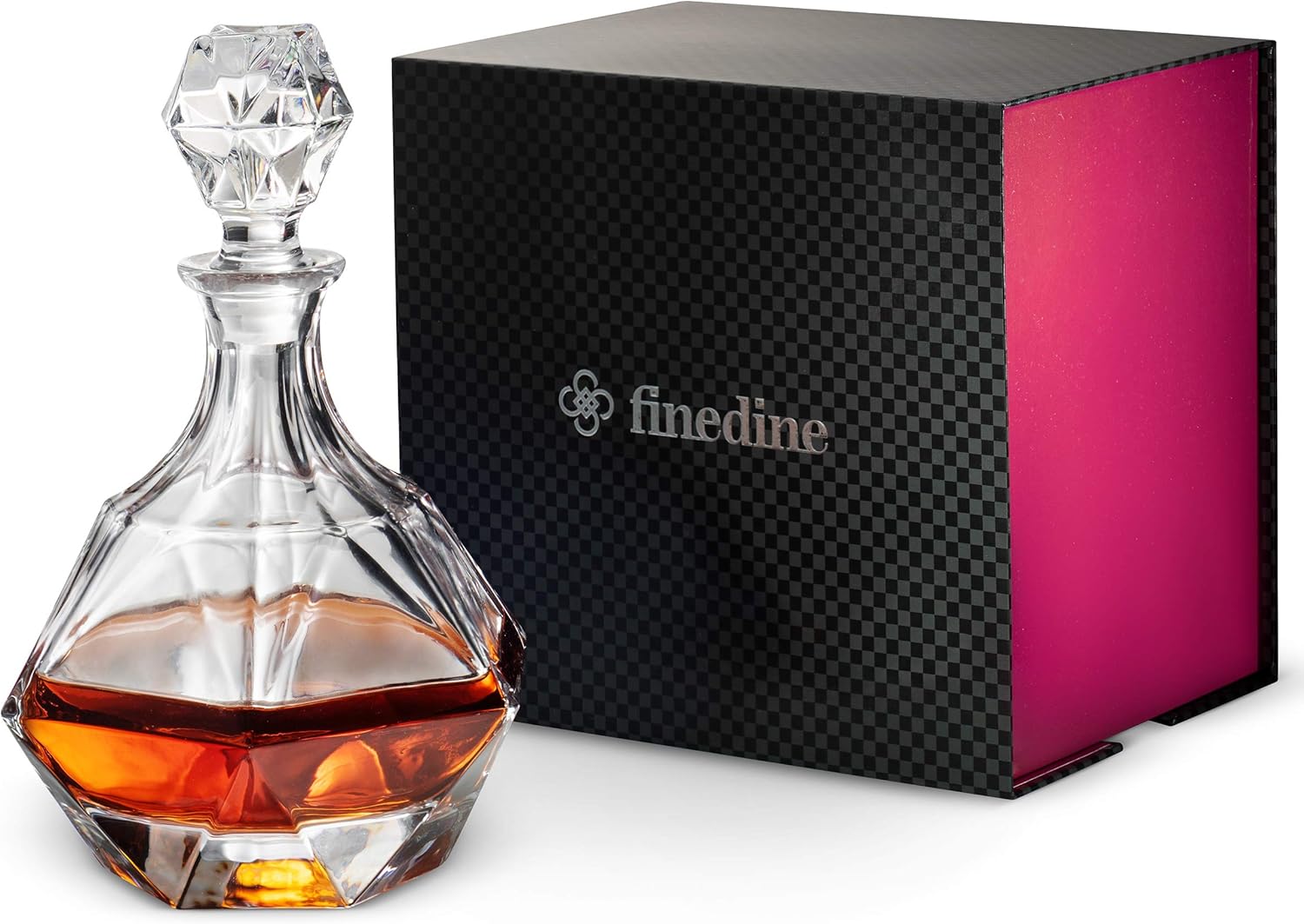 FineDine European Style Glass Whiskey Decanter & Liquor Decanter with Glass Stopper, 30 Oz.- With Magnetic Gift Box - Aristocratic Exquisite Diamond Design - Glass Decanter for Alcohol Bourbon Scotch.
