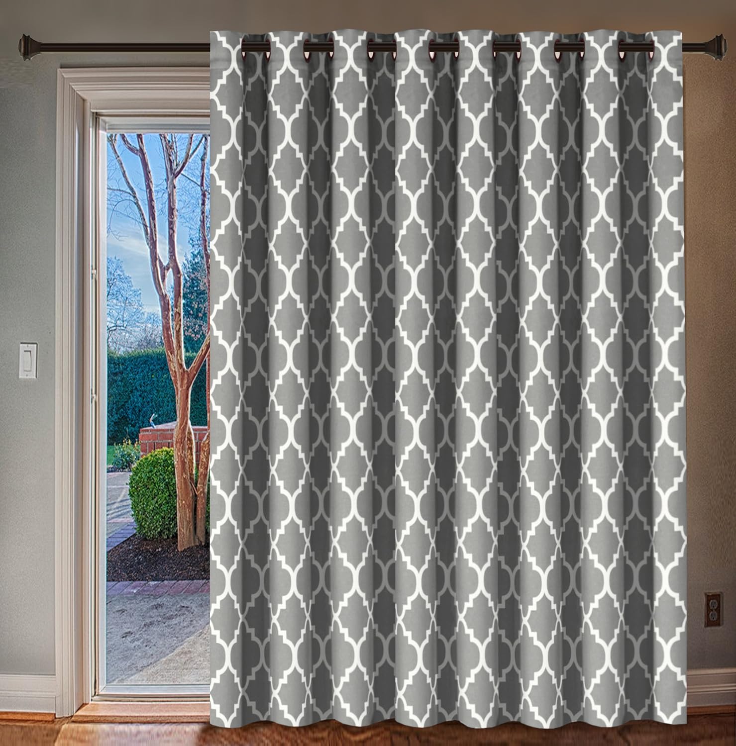 H.VERSAILTEX Extra Wide Blackout Curtain 100x96 Inches Thermal Insulated Curtain for Sliding Glass Door -Grommet Top Patio Door Curtain - Moroccan Tile Quatrefoil Pattern, Dove and White 100