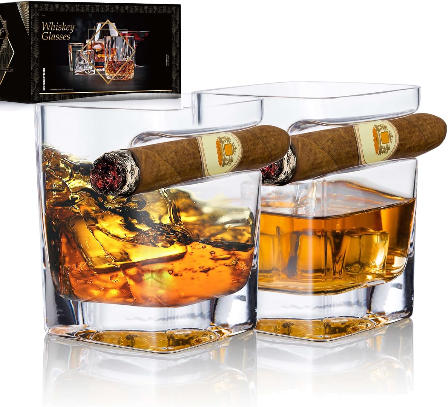 YouYah Cigar Whiskey Glasses with Cigar Holder-Set of 2,Cigar Accessories,Crystal Whisky Glass Set with Indented Cigar Rest,Premium Rocks Glass,for Brandy,Cocktail,Vodka,Bourbon,Gifts for Men(9.5oz) Square
