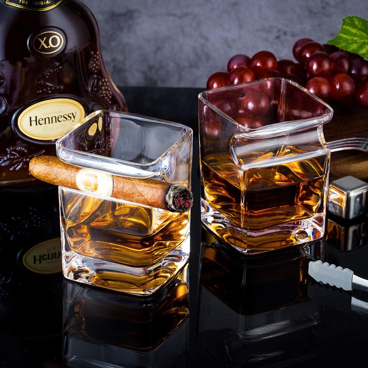 YouYah Cigar Whiskey Glasses with Cigar Holder-Set of 2,Cigar Accessories,Crystal Whisky Glass Set with Indented Cigar Rest,Premium Rocks Glass,for Brandy,Cocktail,Vodka,Bourbon,Gifts for Men(9.5oz) Square