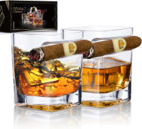 YouYah Cigar Whiskey Glasses with Cigar Holder-Set of 2,Cigar Accessories,Crystal Whisky Glass Set with Indented Cigar Rest,Premium Rocks Glass,for Brandy,Cocktail,Vodka,Bourbon,Gifts for Men(9.5oz) Square