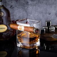 YouYah Cigar Whiskey Glasses with Cigar Holder-Set of 2,Cigar Accessories,Crystal Whisky Glass Set with Indented Cigar Rest,Premium Rocks Glass,for Brandy,Cocktail,Vodka,Bourbon,Gifts for Men(9.5oz) Square