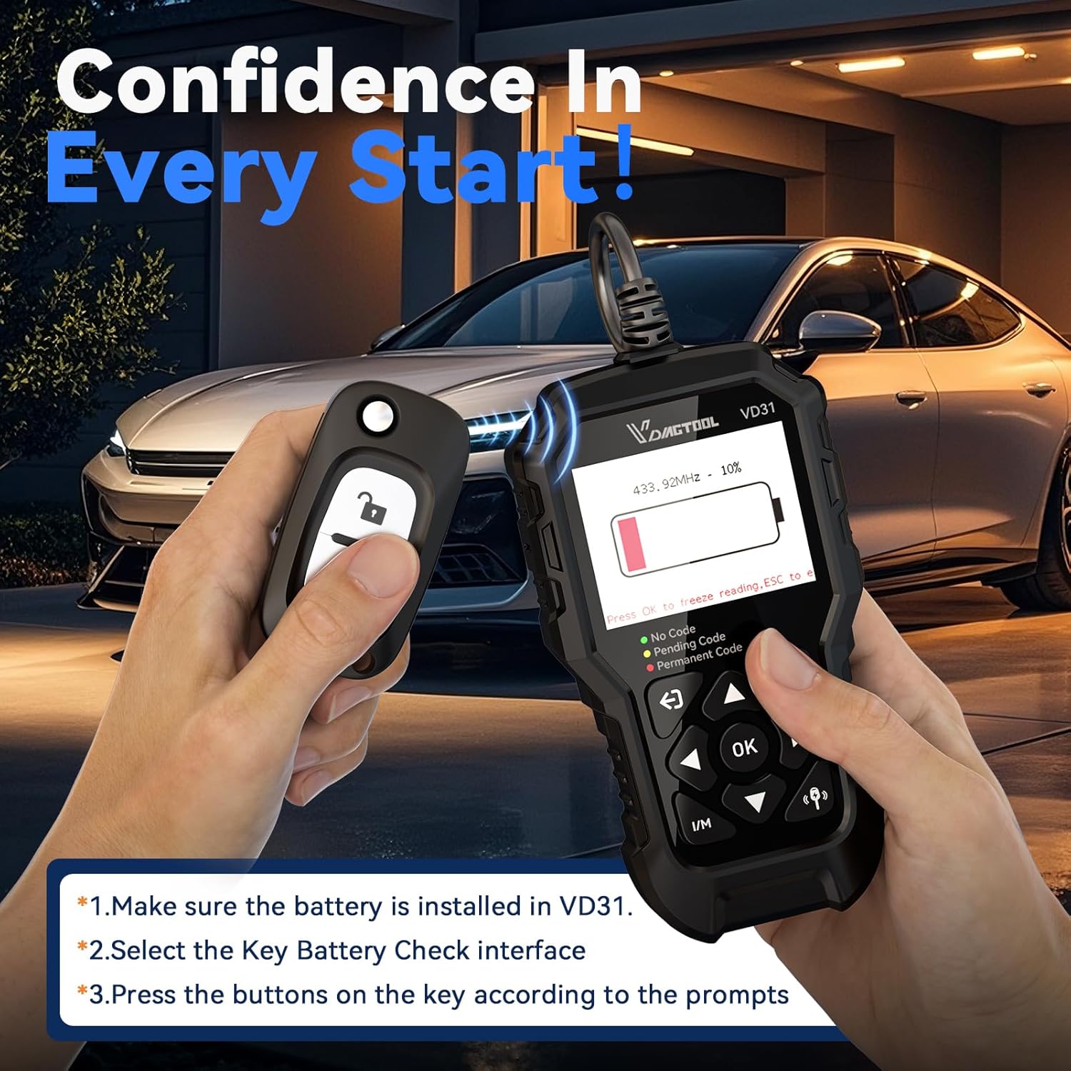 VDIAGTOOL VD31 3-in-1 OBD2 Scanner with Car Key Battery Tester & Car Battery Tester, Check Engine Code Reader, OBD2 Scanner Diagnostic Tool for Cars and Trucks, Car Code Reader for All Cars 1996+