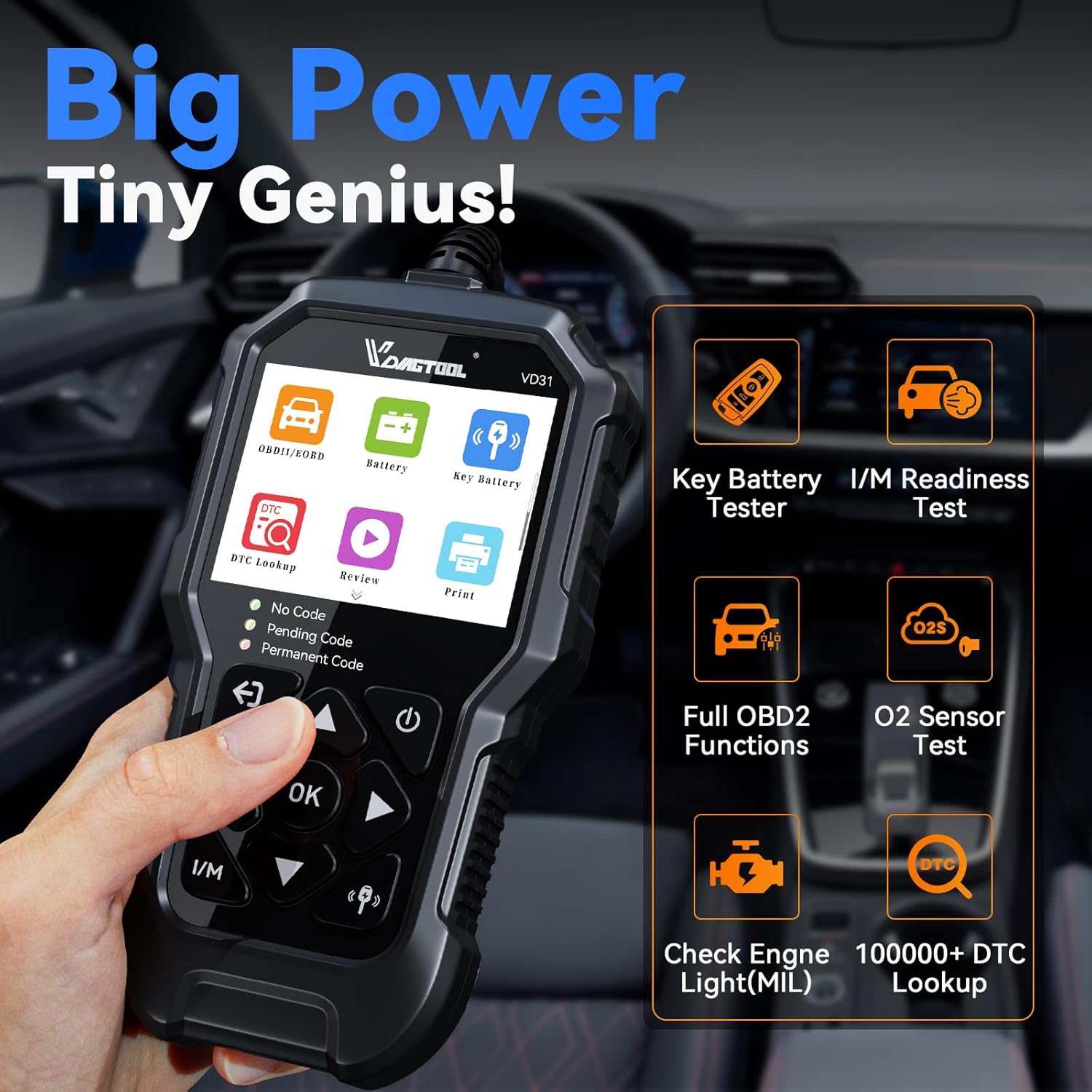 VDIAGTOOL VD31 3-in-1 OBD2 Scanner with Car Key Battery Tester & Car Battery Tester, Check Engine Code Reader, OBD2 Scanner Diagnostic Tool for Cars and Trucks, Car Code Reader for All Cars 1996+