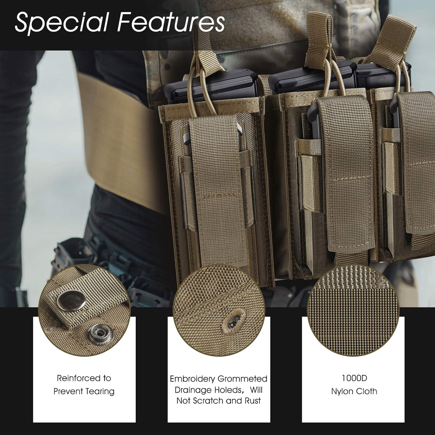 Tactical Molle Mag Pouch, Open-Top Molle Double/Triple Stacker 5.56 7.62 Magazine Pouches Holder Carrier for Rifle M4 M14 G36 HK416 AR-15 and Glock 17 19 M1911 9MM Magazines Holster 3 Rifles+3 Pistols-Coyote Brown