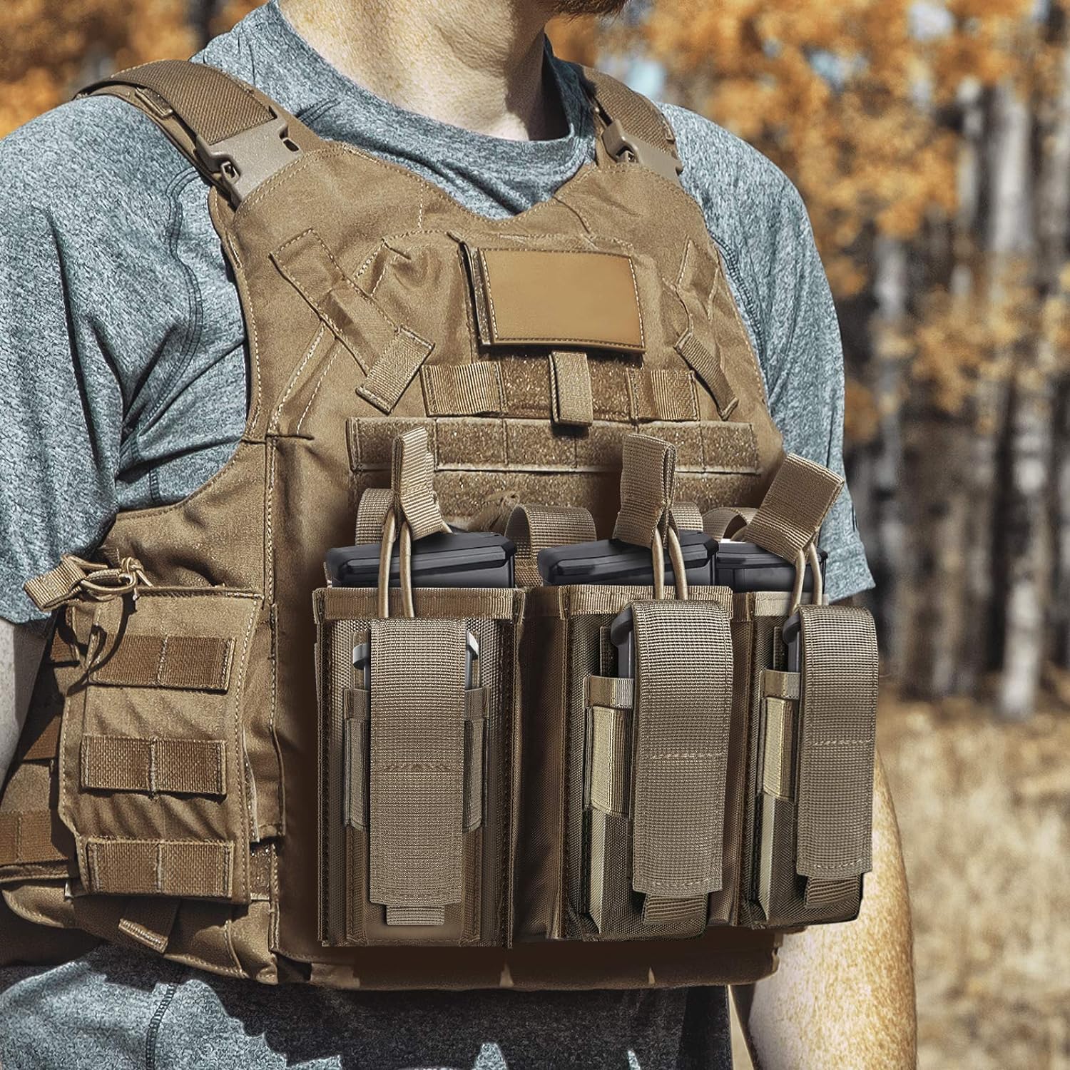 Tactical Molle Mag Pouch, Open-Top Molle Double/Triple Stacker 5.56 7.62 Magazine Pouches Holder Carrier for Rifle M4 M14 G36 HK416 AR-15 and Glock 17 19 M1911 9MM Magazines Holster 3 Rifles+3 Pistols-Coyote Brown