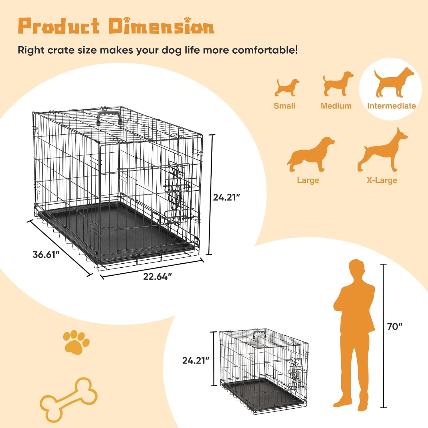 DUMOS Dog Crate, 36 Inch Medium Double Door Dog Cage with Divider Panel and Plastic Leak-Proof Pan Tray, Folding Metal Wire Pet Kennel for Indoor, Outdoor, Travel 36.61