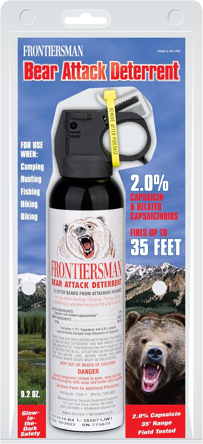 SABRE Frontiersman 9.2 fl oz. Bear Spray, Maximum Strength 2.0% Major Capsaicinoids, Powerful 35 ft. Range Bear Deterrent and Bear Horn with Locking Top