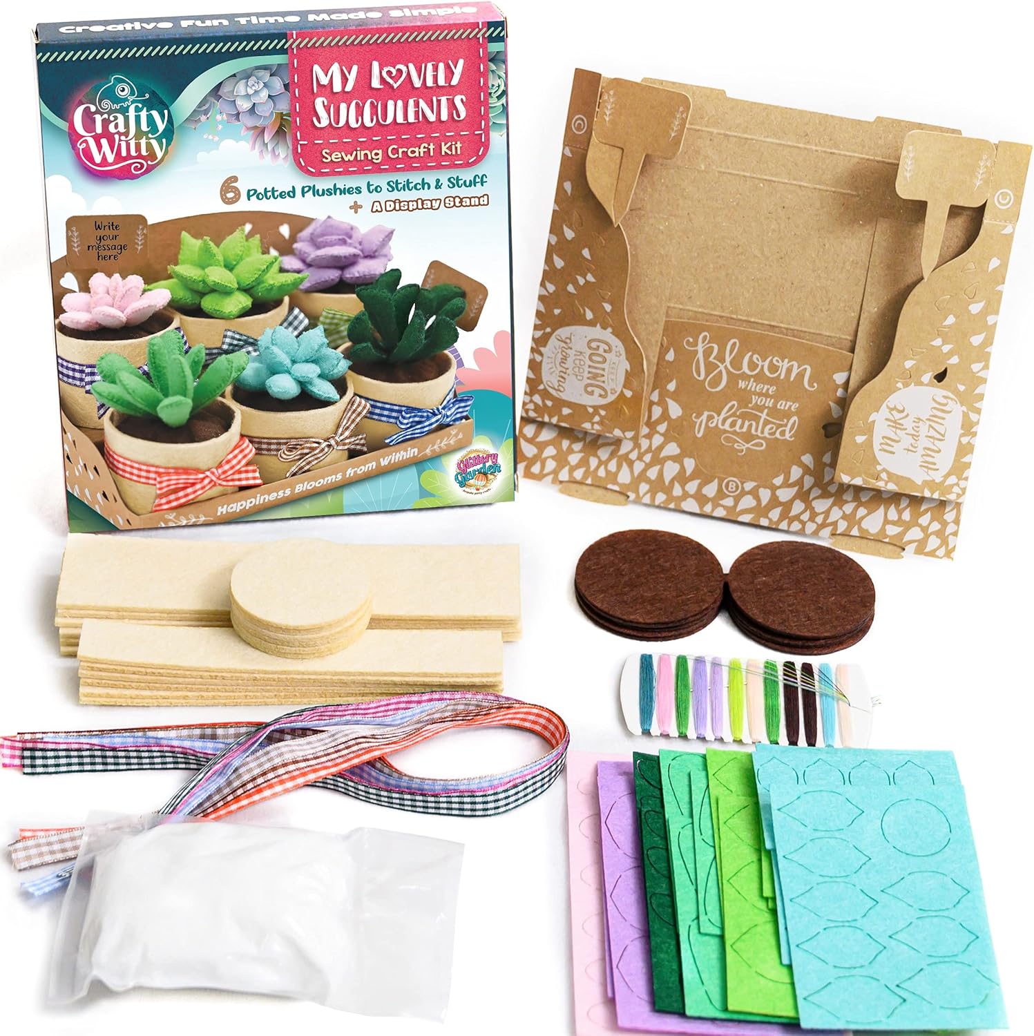 Felt Succulents Craft Kit. Make 6 Potted Colorful Plushies & A Display Rack. Mini Garden DIY Sewing Project, Activity Set, Arts & Crafts Supplies - Great Gift for Teens and Adults Succulent Sewing Craft Kit