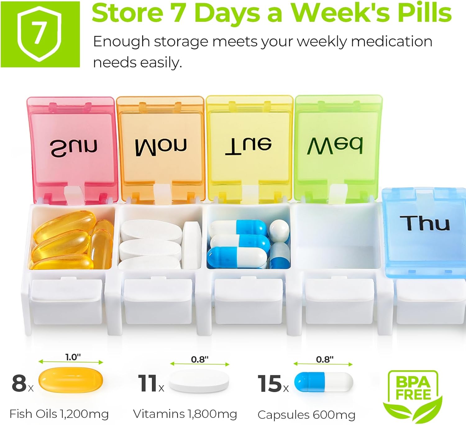 AUVON Weekly Pill Organizer Arthritis Friendly, BPA Free Travel 7 Day Pill Box Case with Spring Open Design and Large Compartment to Hold Vitamins, Cod Liver Oil, Supplements and Medication Cream White