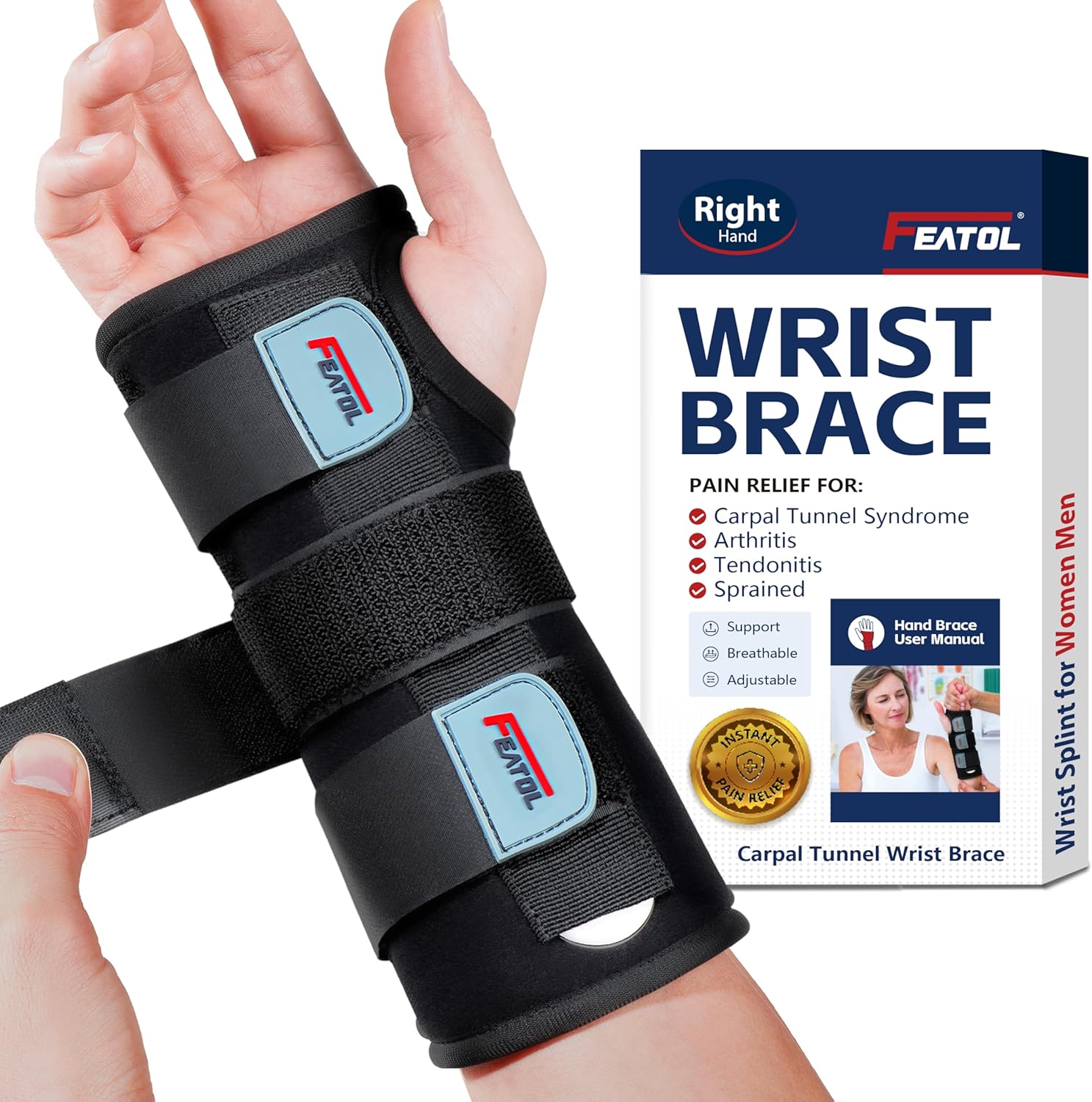 FEATOL Wrist Brace Hand Brace, Carpal Tunnel Wrist Splint Night Support for Women Men, Pain Relief Support -Tendonitis, Arthritis, Sprain, Right Hand, Small/Medium Small/Medium (Pack of 1) Right Hand -Black