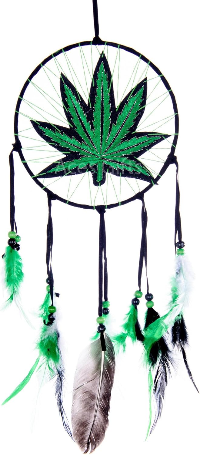 Marijuana Leaf Pot Weed Embroidered Dream Catcher (16 Inches Long)