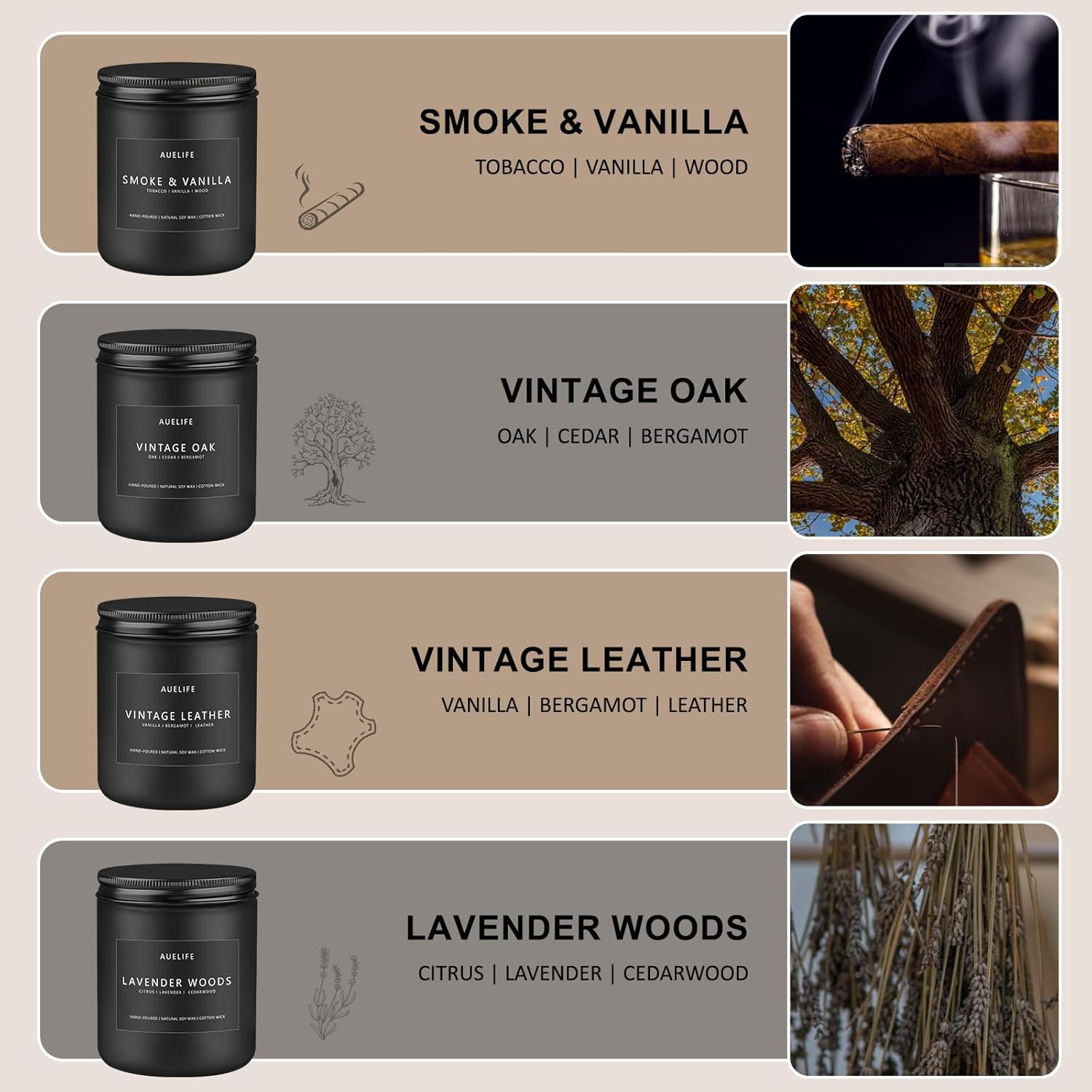 Scented Candles Set | Men Candle Set, Scented Candles for Home, Gifts for Men Aromatherapy Gift Set - 4 Pack Manly Gifts for Dad Fathers Day, Soy Candle of Leather/Smoke & Vanilla/Oak/Lavender Leather/Smoke & Vanilla/Oak/Lavender Pack of 4