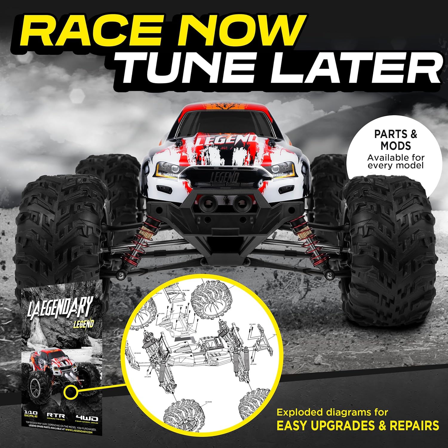 LÆGENDARY 1:10 Scale 4x4 Off-Road RC Truck - Hobby Grade Brushed Motor RC Car with Batteries, Waterproof Fast Remote Control Cars for Adults