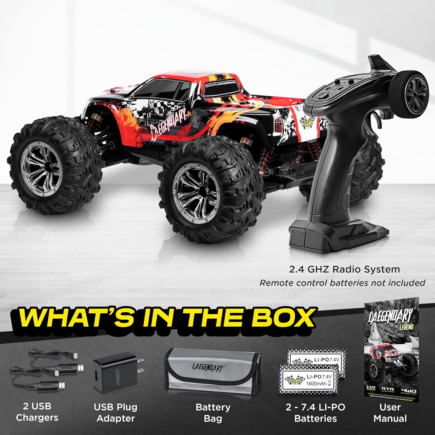 LÆGENDARY 1:10 Scale 4x4 Off-Road RC Truck - Hobby Grade Brushed Motor RC Car with Batteries, Waterproof Fast Remote Control Cars for Adults