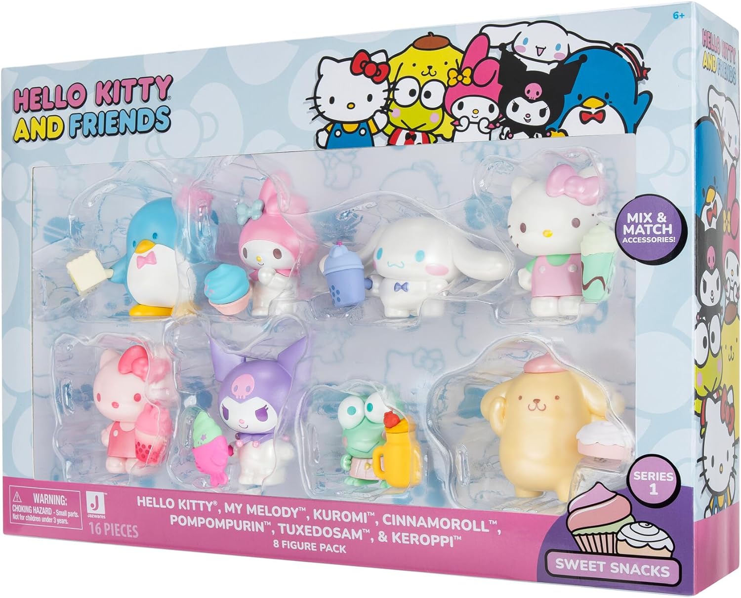 Hello Kitty and Friends Sweet Snacks 8-Pack with Mix and Match Sweet Accessories - 2” Figures - Hello Kitty, My Melody, Kuromi, Cinnamoroll, Pompompurin, Keroppi, and Tuxedosam