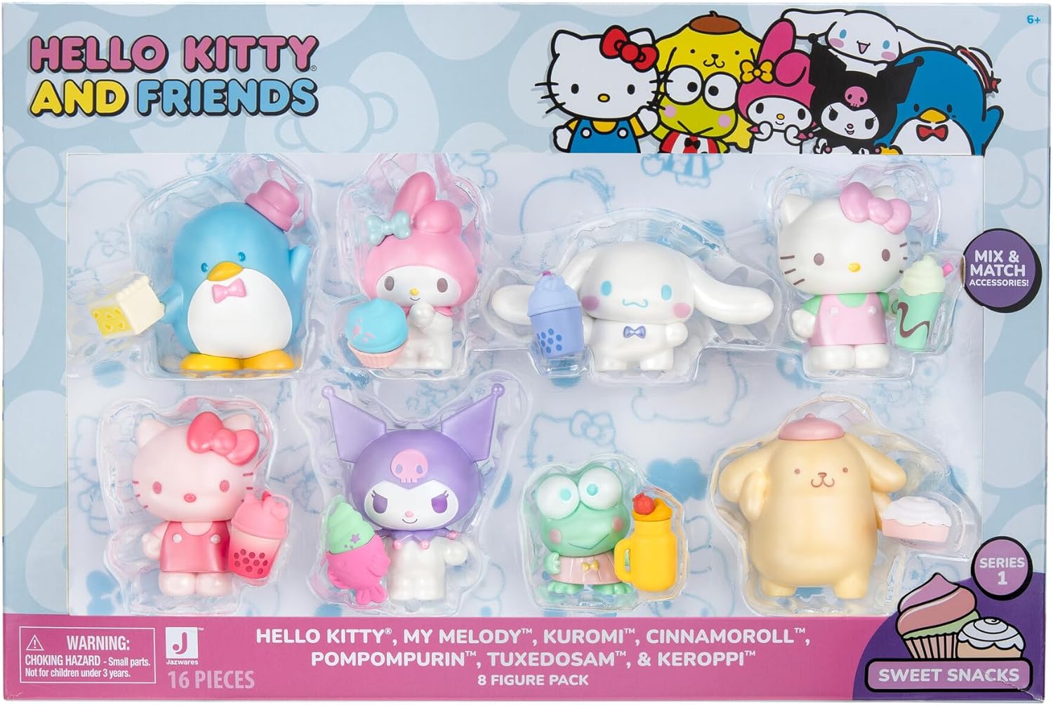 Hello Kitty and Friends Sweet Snacks 8-Pack with Mix and Match Sweet Accessories - 2” Figures - Hello Kitty, My Melody, Kuromi, Cinnamoroll, Pompompurin, Keroppi, and Tuxedosam