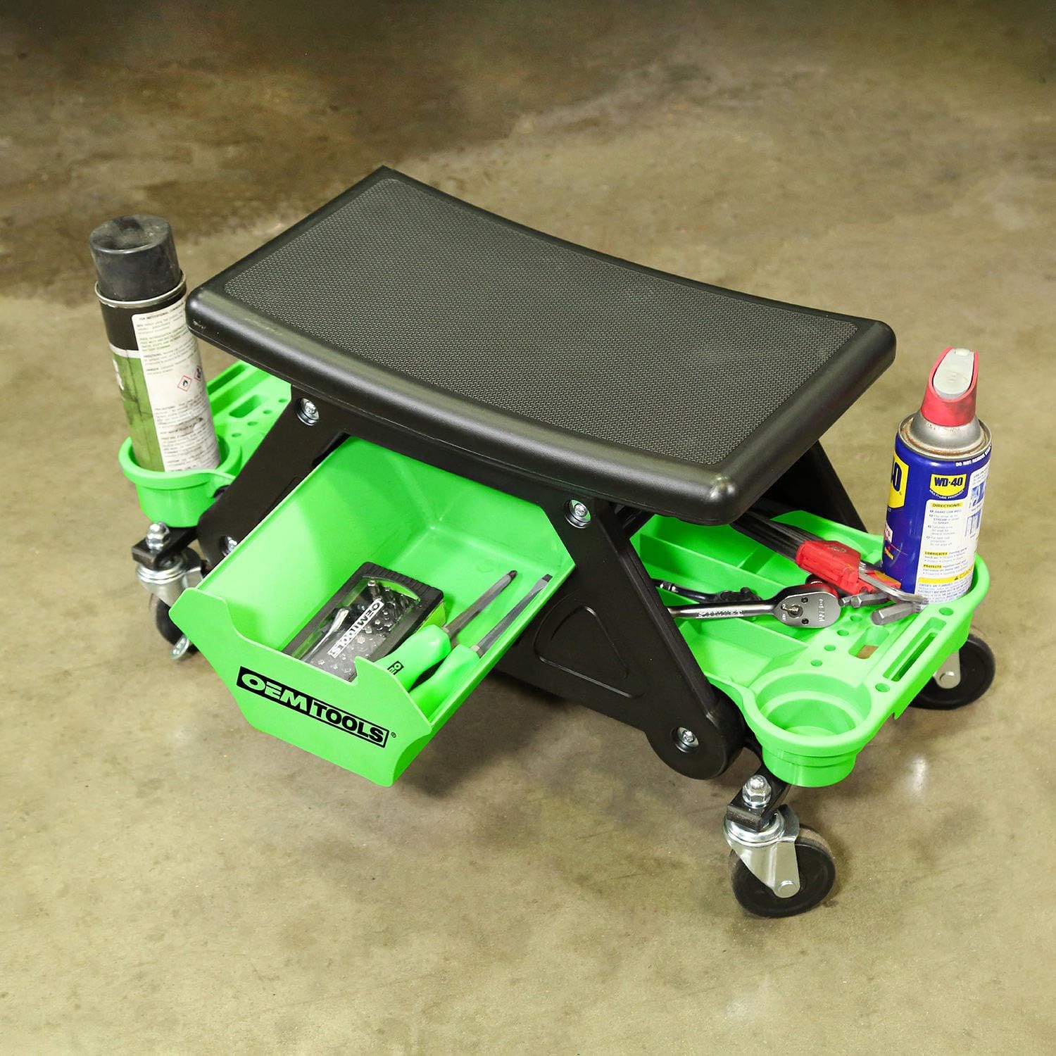 OEMTOOLS 24986 Heavy-Duty Rolling Workbench and Creeper Seat, Mechanics Stool with Wheels, Creepers, Shop Stools With Wheels, Automotive, Green and Black 300 LB CAPACITY