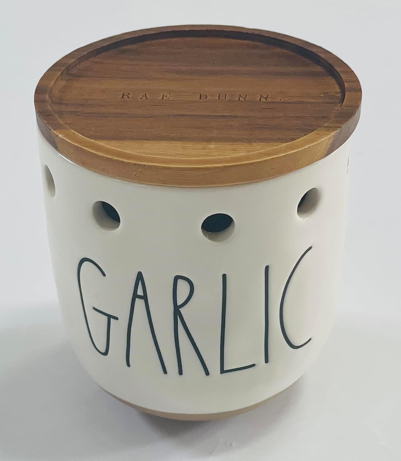 Rae Dunn by Magenta Ceramic GARLIC Keeper Wood Lid 4.5