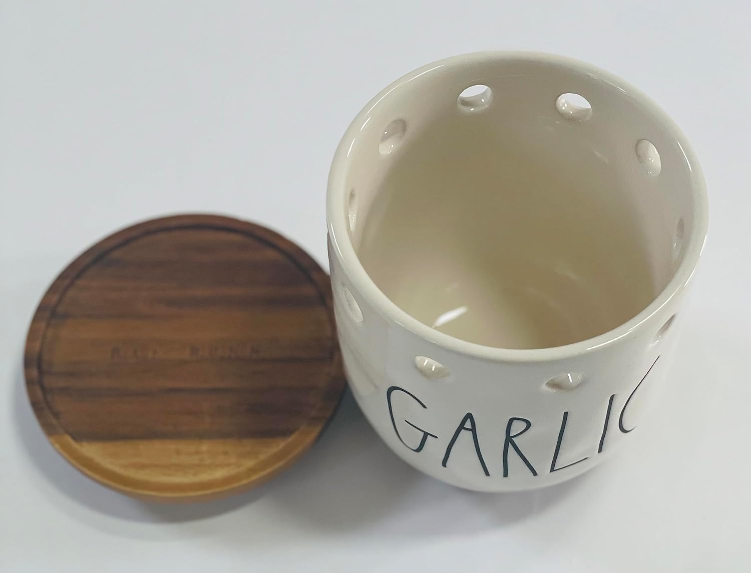 Rae Dunn by Magenta Ceramic GARLIC Keeper Wood Lid 4.5