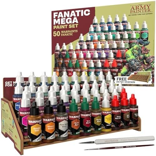 The Army Painter, Warpaints Fanatic Mega Set Combo, 50 x 18 ml Acrylic Paints incl. Skin Tones, Metallics, Effects, Washes, 1 Free Paint Station & 2 Brushes - Model Paint for Warhammer & Dnd Warpaints Fanatic Mega Combo Set