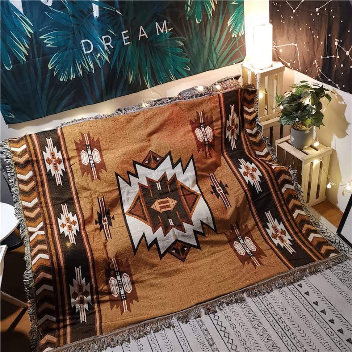 Aztec Throw Blanket Native American Blanket Southwestern Boho Decor Reversible Woven Tassels Mexican Blankets and Throws for Couch Bed Chair Wall Tapestry Livingroom Outdoor Beach Brown 51