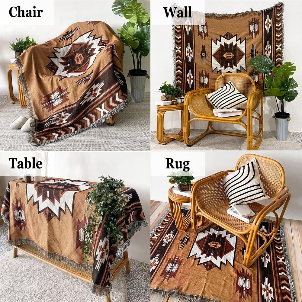 Aztec Throw Blanket Native American Blanket Southwestern Boho Decor Reversible Woven Tassels Mexican Blankets and Throws for Couch Bed Chair Wall Tapestry Livingroom Outdoor Beach Brown 51