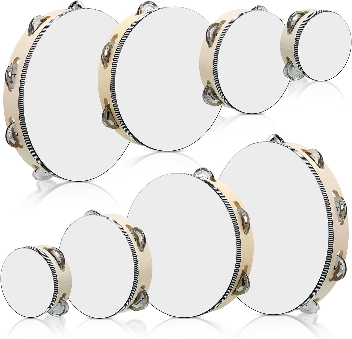 Reginary 8 Pcs Tambourine for Adults Handheld Wood Tambourine 4 Size Single Row Metal Jingles Musical Educational Gift Rhythm Percussion Instrument for Church Party Ktv(Natural)