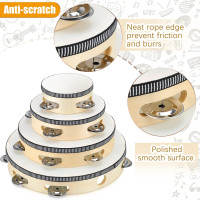 Reginary 8 Pcs Tambourine for Adults Handheld Wood Tambourine 4 Size Single Row Metal Jingles Musical Educational Gift Rhythm Percussion Instrument for Church Party Ktv(Natural)
