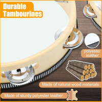 Reginary 8 Pcs Tambourine for Adults Handheld Wood Tambourine 4 Size Single Row Metal Jingles Musical Educational Gift Rhythm Percussion Instrument for Church Party Ktv(Natural)