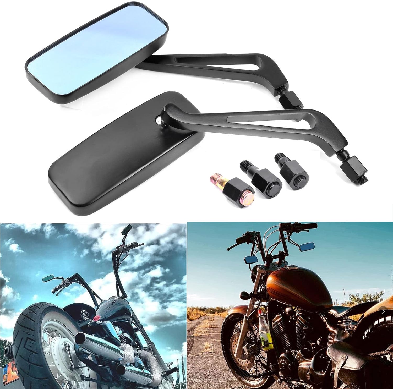 8mm/10mm Black Rectangle Motorcycle Rear view Side Mirrors compatible with Kawasaki Suzuki Yamaha Cruiser Chopper