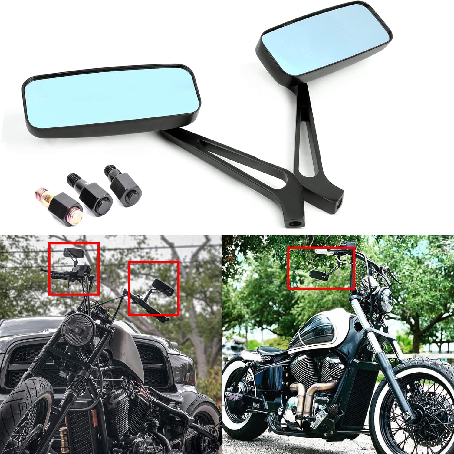 8mm/10mm Black Rectangle Motorcycle Rear view Side Mirrors compatible with Kawasaki Suzuki Yamaha Cruiser Chopper