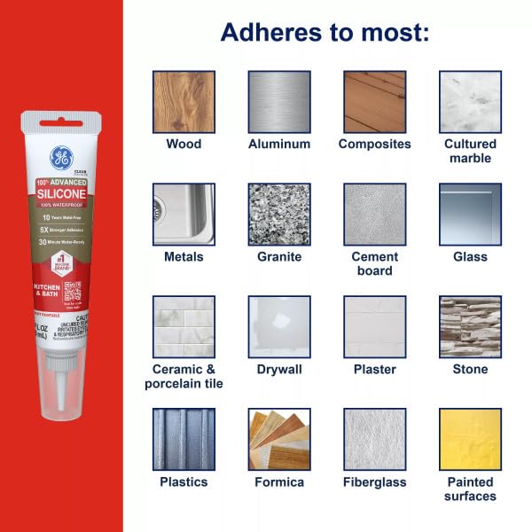 GE Advanced Silicone Caulk for Kitchen & Bathroom, White, 2.8 fl oz Tube, 1 Pack - 100% Waterproof Silicone Sealant, 5X Stronger Adhesion, Shrink & Crack Proof 1 Pack White