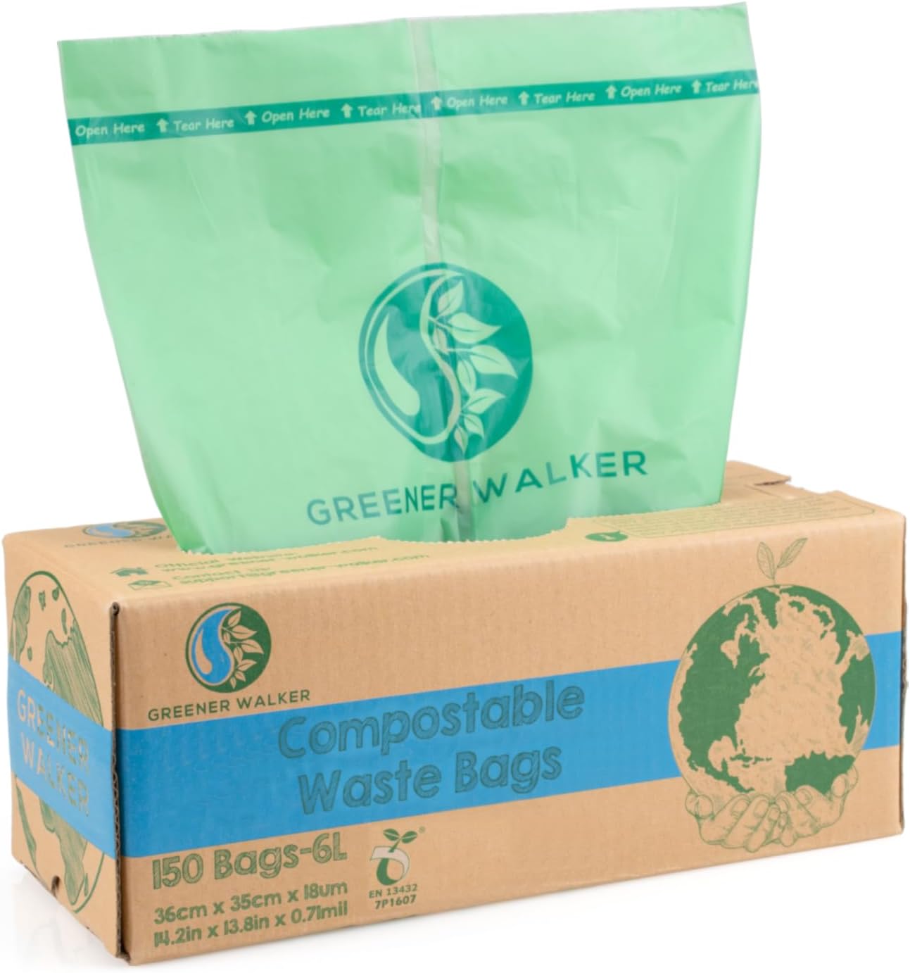 GREENER WALKER 100% Compostable Trash Bags, 1.6 Gallon-150Bags, Food Scrap Kitchen Waste Bags with EN13432 Certified Regular 1 Count (Pack of 150)