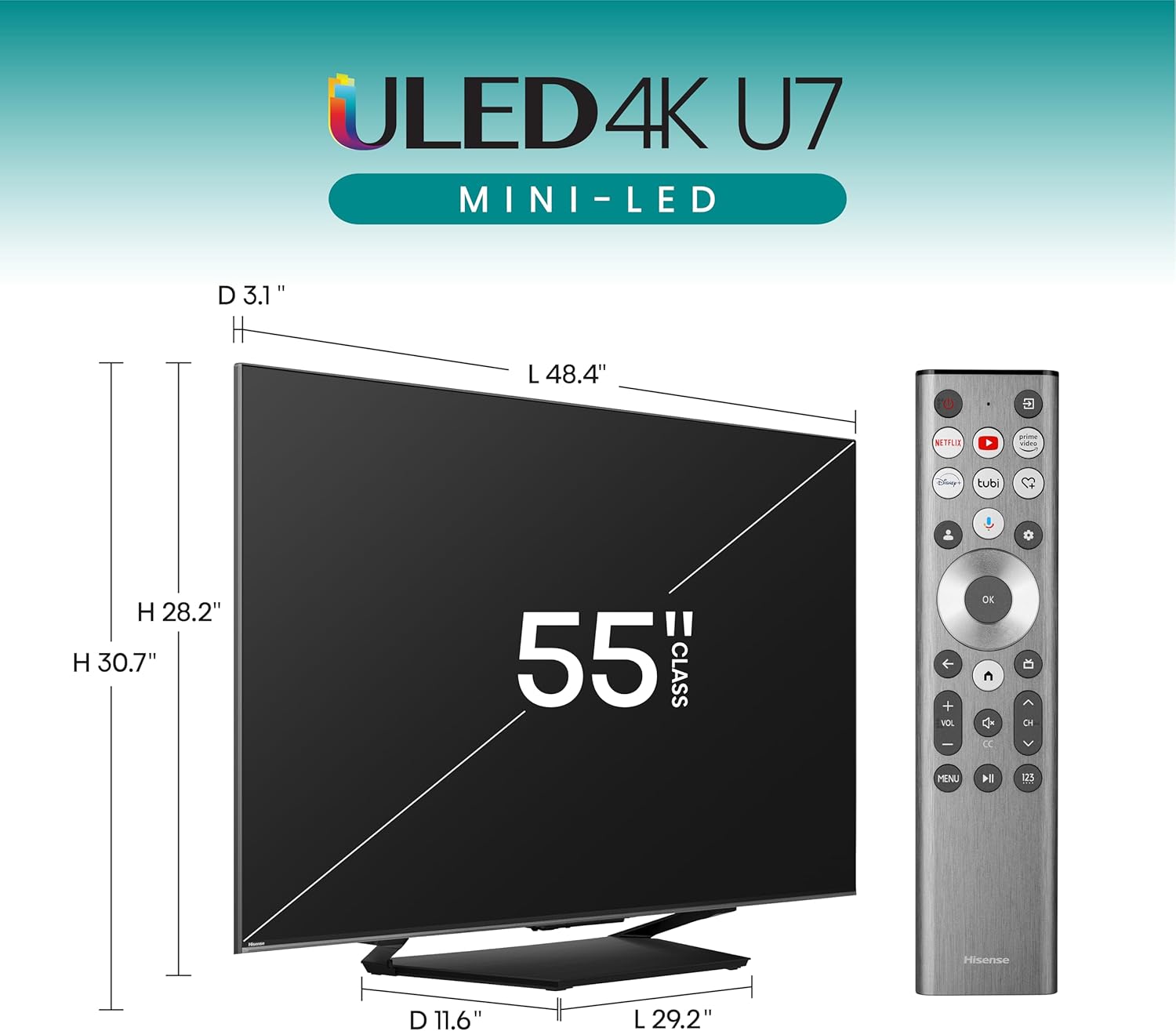 Hisense 55-Inch Class U7 Series Mini-LED ULED 4K UHD Google Smart TV (55U7N, 2024 Model) - QLED, Native 144Hz, Motion Rate 480, Full Array Local Dimming, Game Mode Pro, Alexa Compatibility 2024 New Model 55 Inch