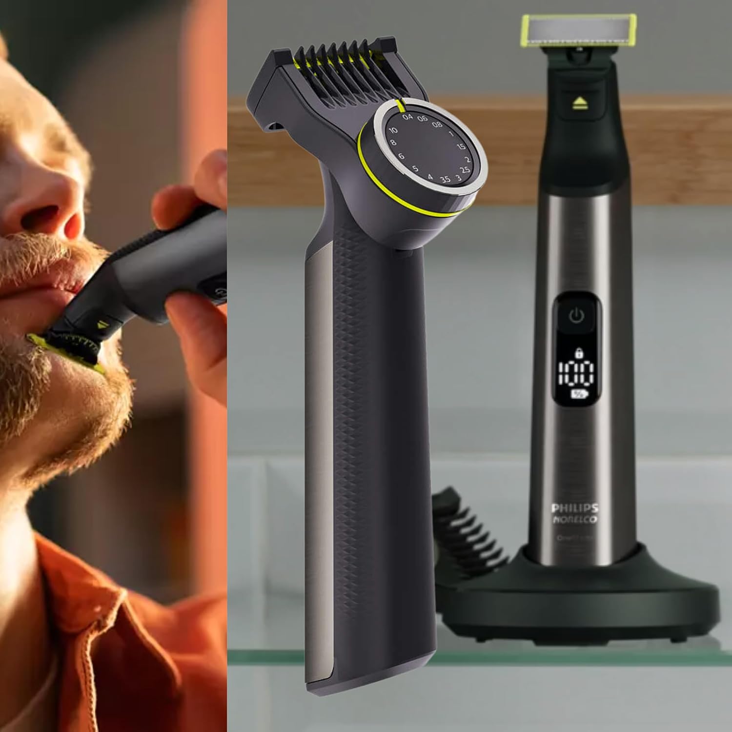 Philips Norelco OneBlade Pro Kit, Hybrid Electric Trimmer and Shaver with Charging Stand and Precision Comb, QP6550 + OneBlade Body Kit, 3 Pieces, QP610