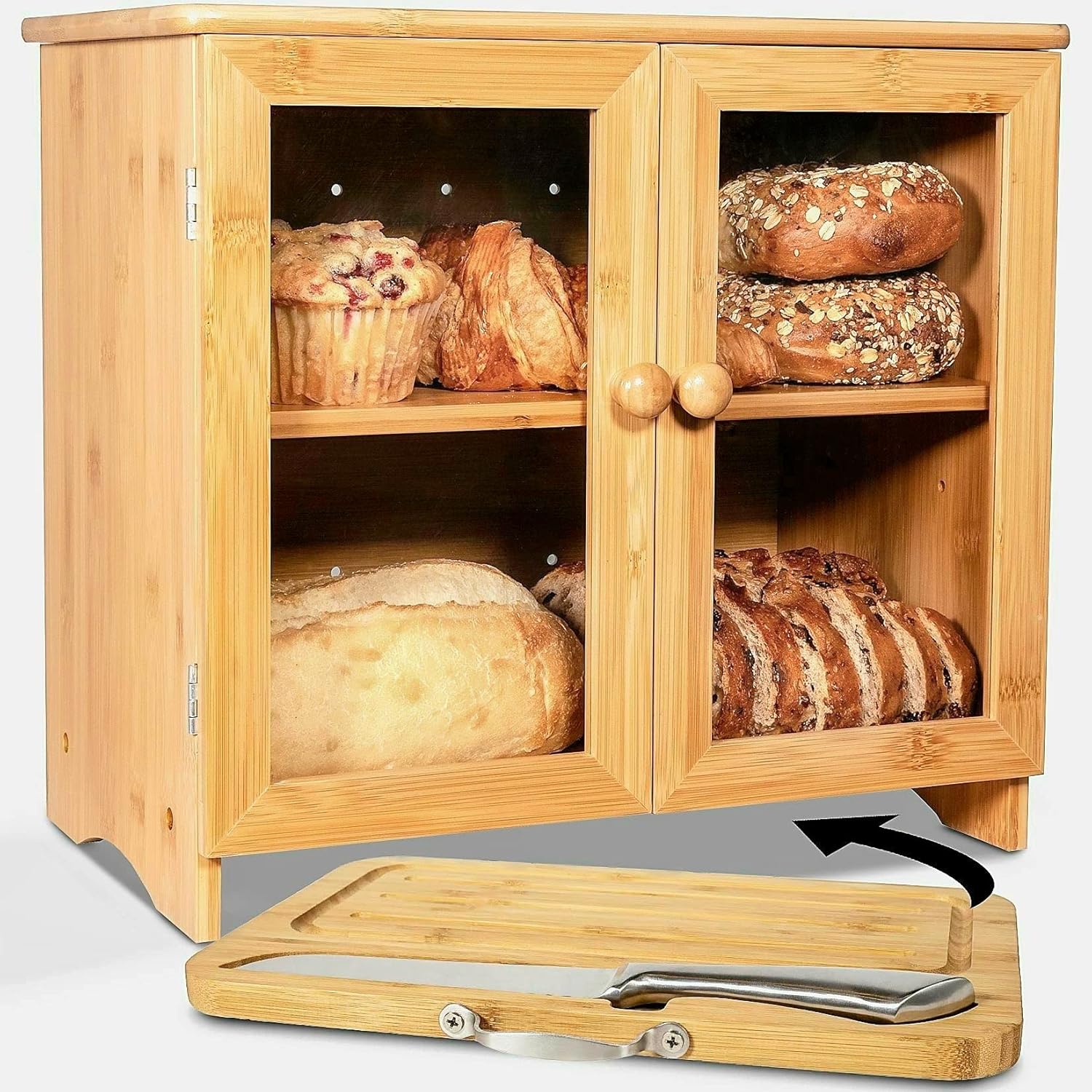 LuvURkitchen Large Wooden Bread Box for Kitchen Countertop, Comes with Thick Bamboo Cutting Board and Stainless Steel Bread Knife. Rustic Bamboo Bread Box with Adjustable Shelf. (Easy Self-Assembly) Natural