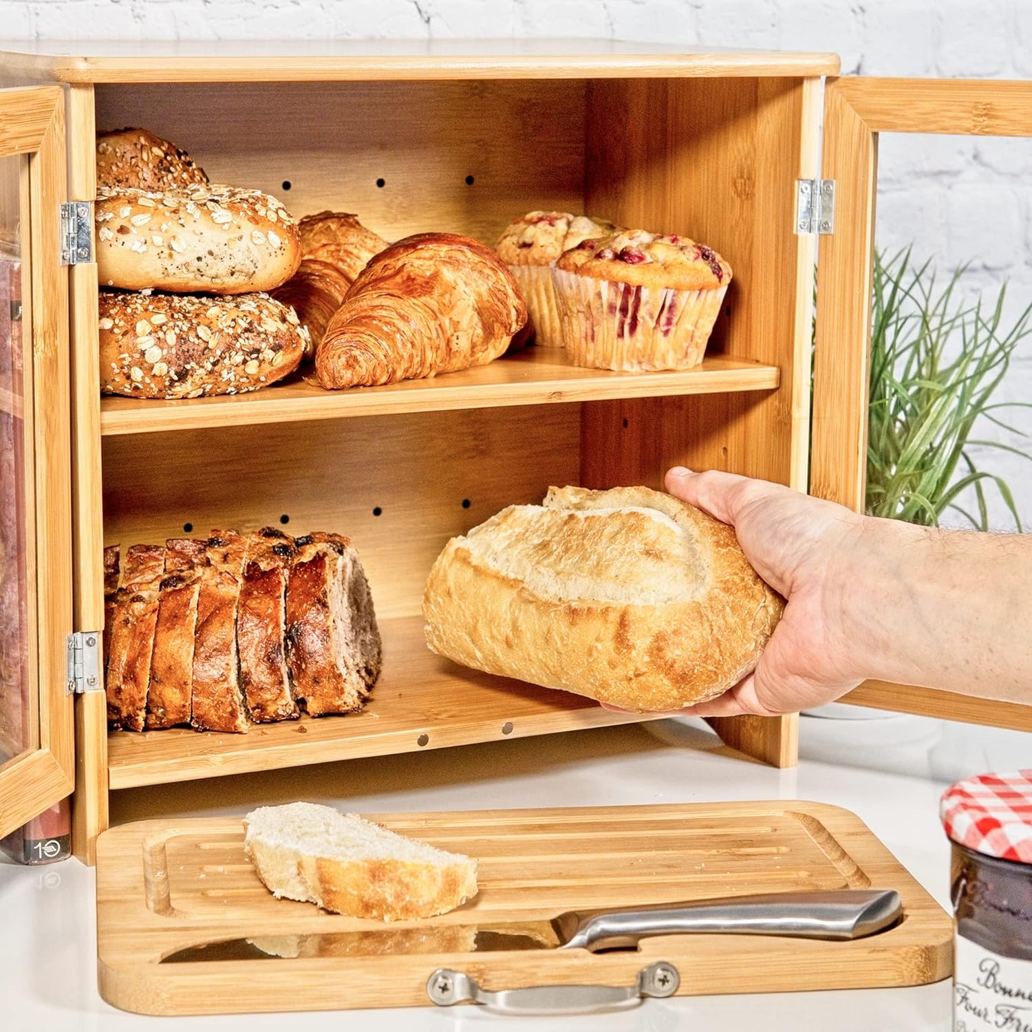 LuvURkitchen Large Wooden Bread Box for Kitchen Countertop, Comes with Thick Bamboo Cutting Board and Stainless Steel Bread Knife. Rustic Bamboo Bread Box with Adjustable Shelf. (Easy Self-Assembly) Natural