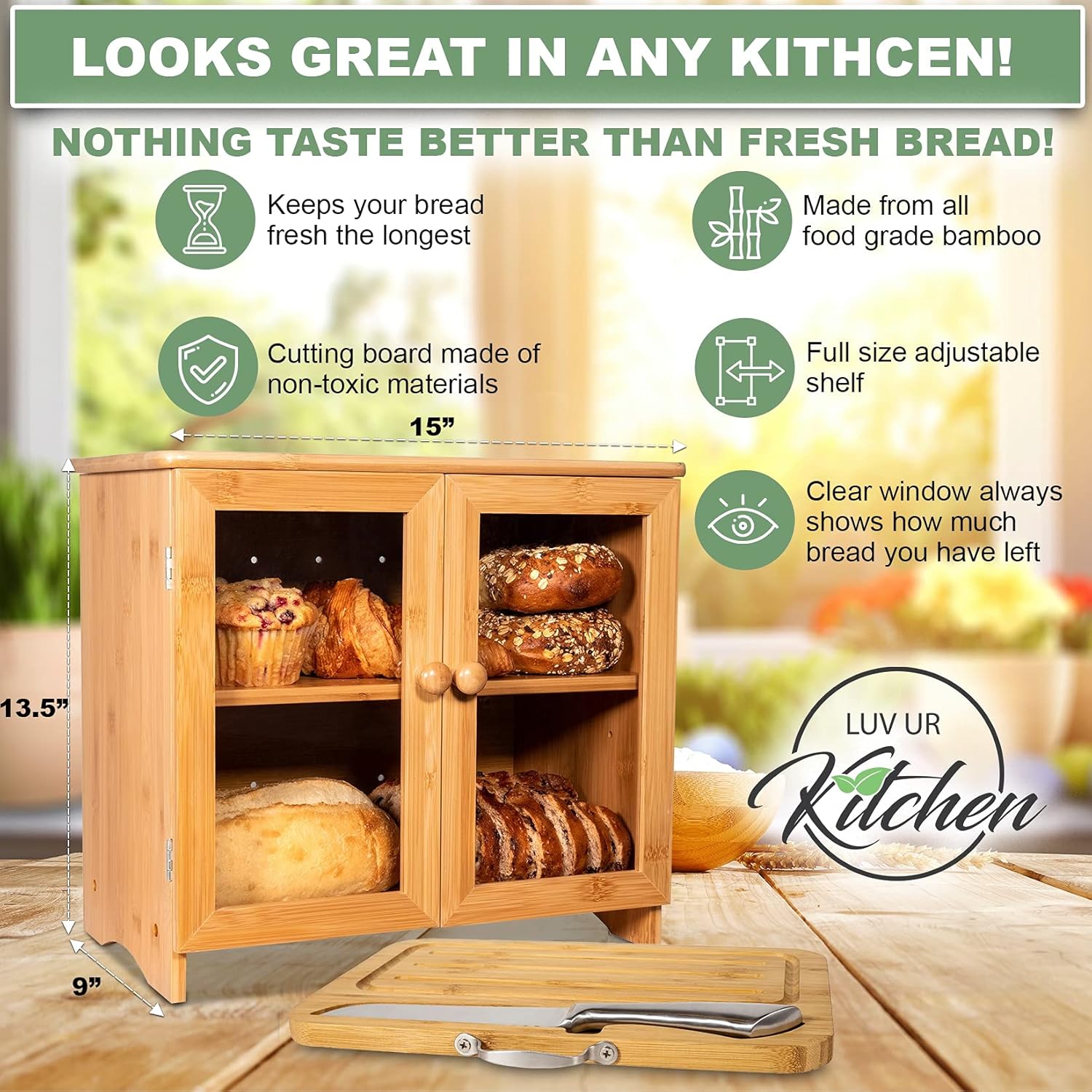 LuvURkitchen Large Wooden Bread Box For Kitchen Countertop, Comes With Thick Bamboo Cutting Board And Stainless Steel Bread Knife. Rustic Bamboo Bread Box With Adjustable Shelf. (easy Self-assembly)