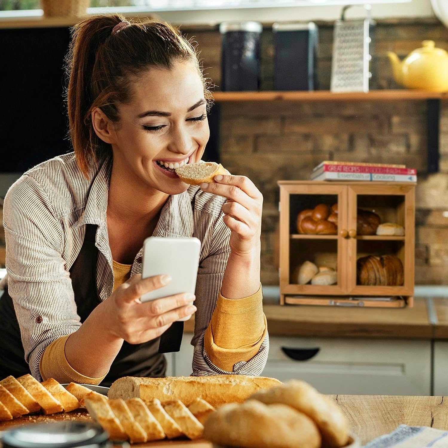 LuvURkitchen Large Wooden Bread Box For Kitchen Countertop, Comes With Thick Bamboo Cutting Board And Stainless Steel Bread Knife. Rustic Bamboo Bread Box With Adjustable Shelf. (easy Self-assembly)