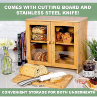 LuvURkitchen Large Wooden Bread Box for Kitchen Countertop, Comes with Thick Bamboo Cutting Board and Stainless Steel Bread Knife. Rustic Bamboo Bread Box with Adjustable Shelf. (Easy Self-Assembly) Natural